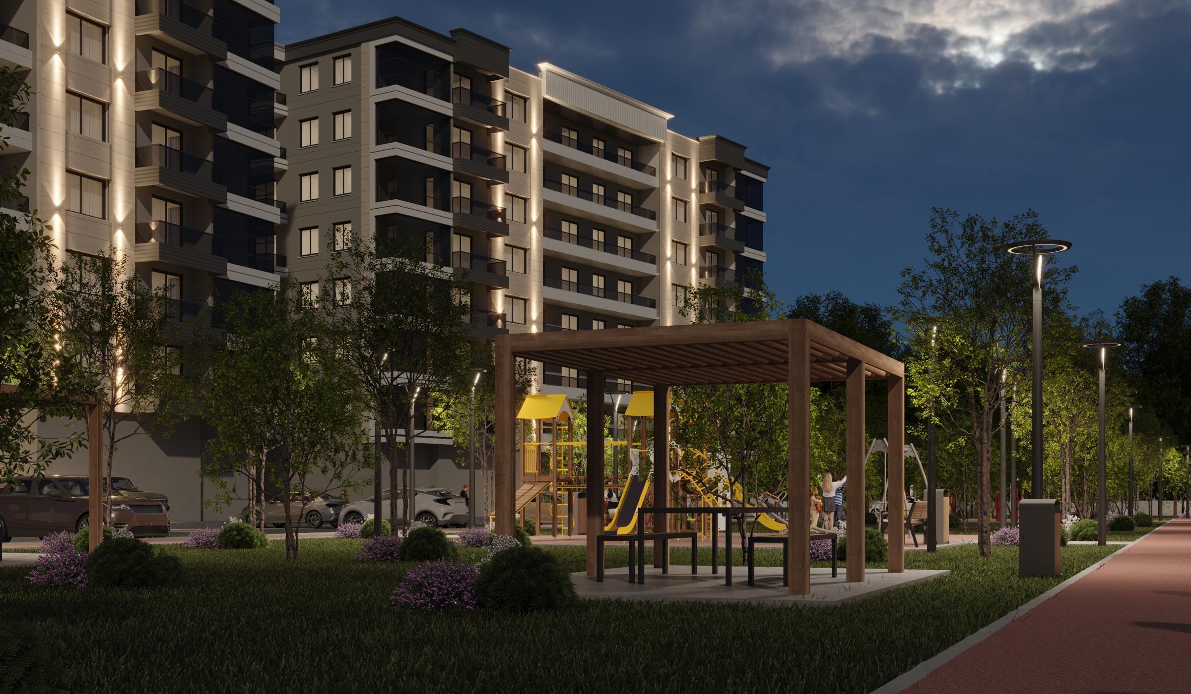 Pera Park site içi peyzaj ve çocuk oyun alanı gece görünümü